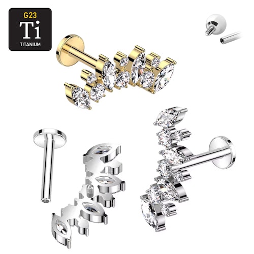 Labret i titanium 1.2mm - Böjd topp med rund och navettslipade cubic zirconia
