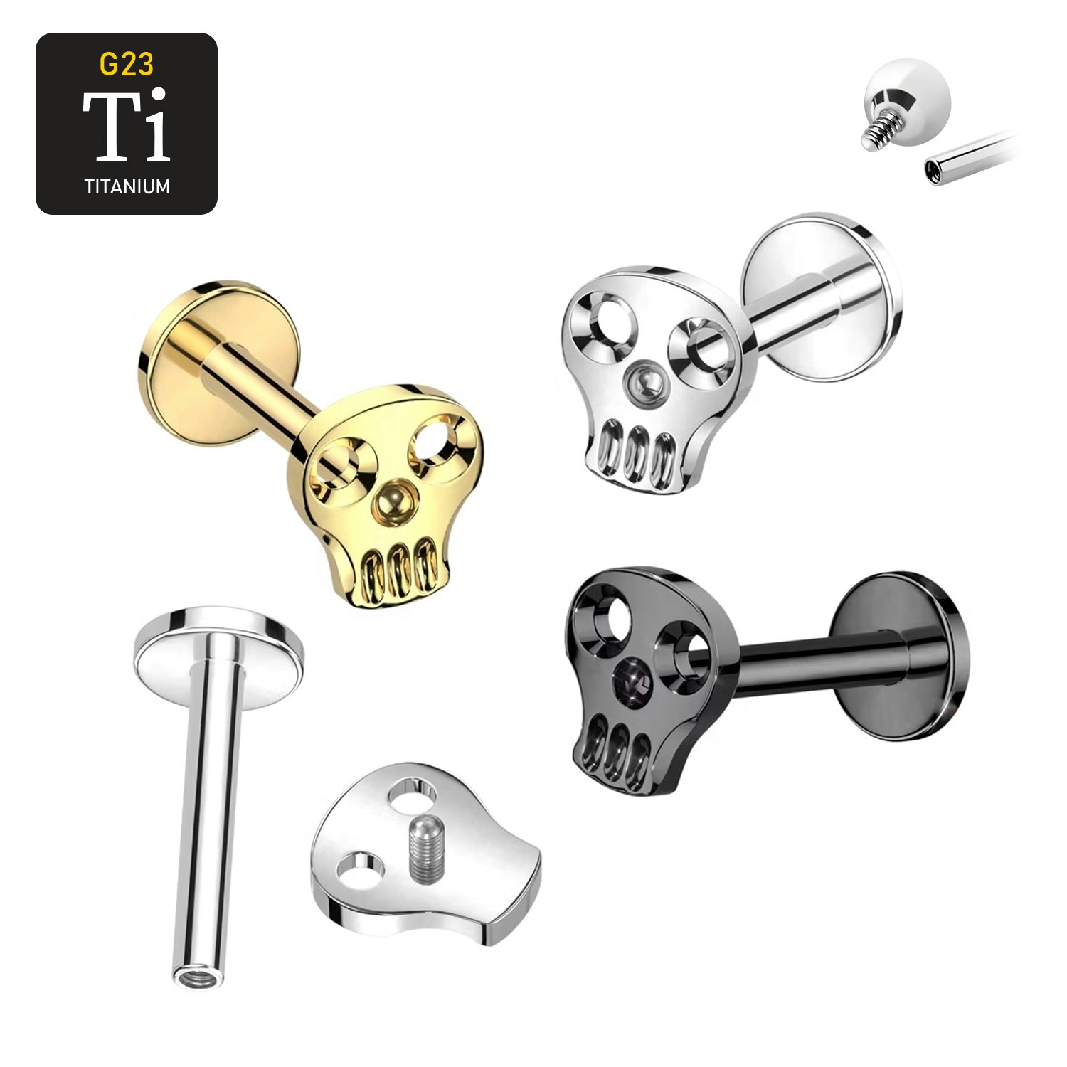 Labret i titanium 1.2mm - Topp med ihålig dödskalle