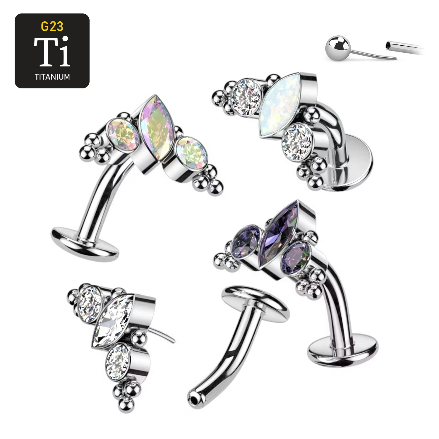 Threadless Navelsmycke i titanium Floating Navel - Kluster med navettslipad CZ eller opal