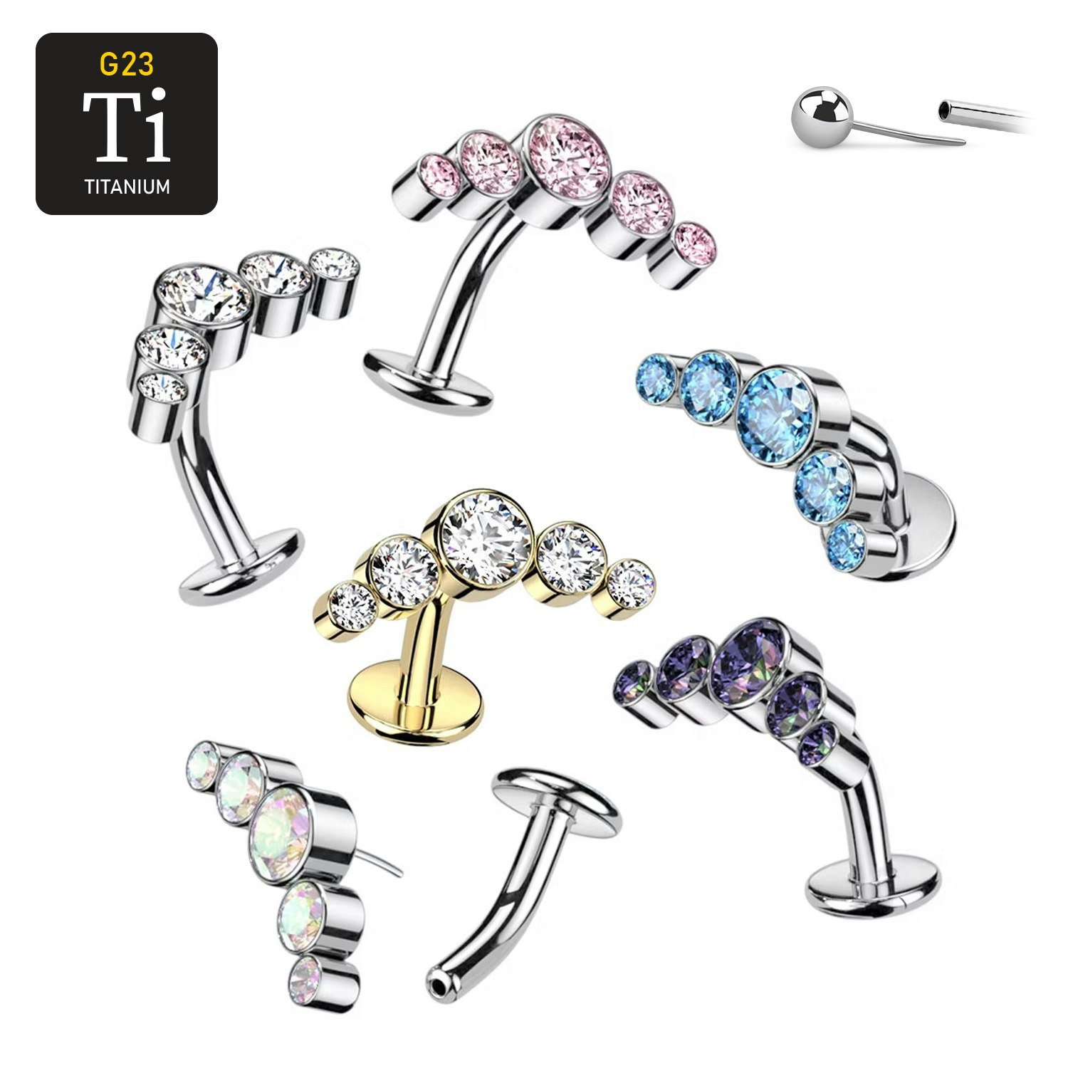 Threadless Navelsmycke i titanium Floating Navel - Böjd topp med 5st cubic zirconia