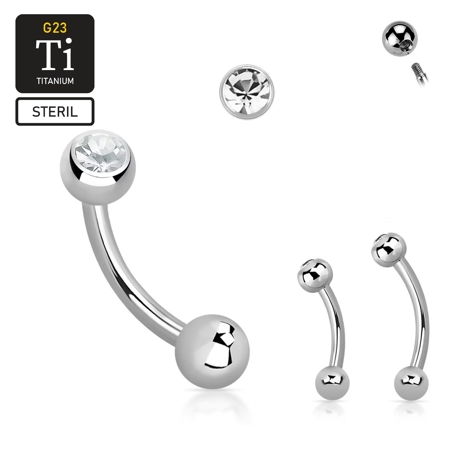 Steril Titanium Banana 1.2mm till ögonbryn med 4mm crystalkula 12mm