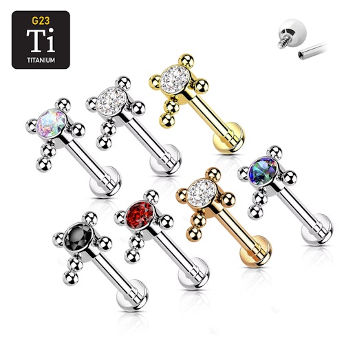 Labret i titanium 1.2mm - Bollkluster / kors med cubic zirconia