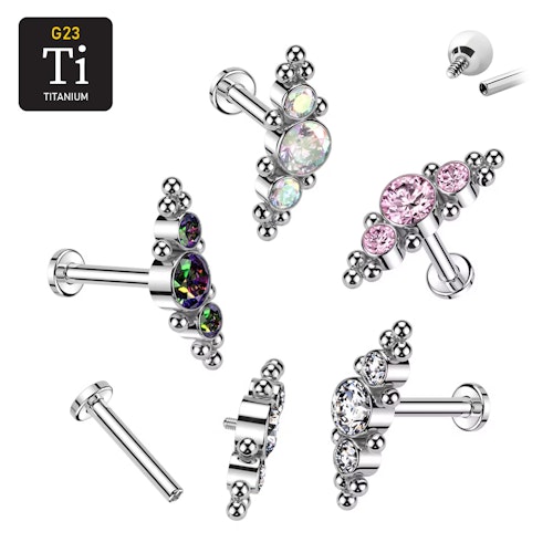 Labret i titanium 1.2mm - Bollkluster med 3st cubic zirconia