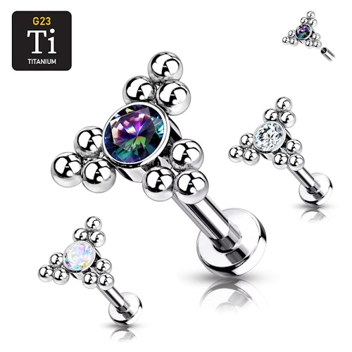 Labret i titanium 1.2mm - Triangelformat bollkluster med cubic zirconia