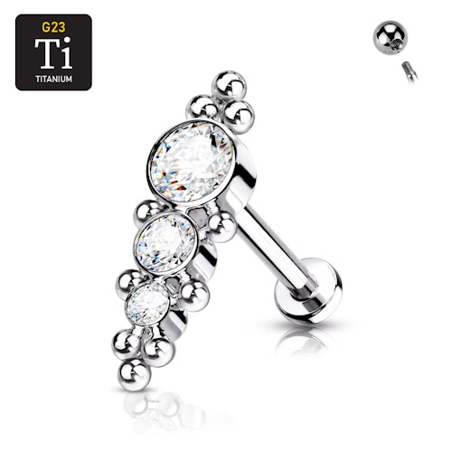 Labret i titanium 1.2mm - Bollkluster med 3st cubic zirconia i olika storlekar