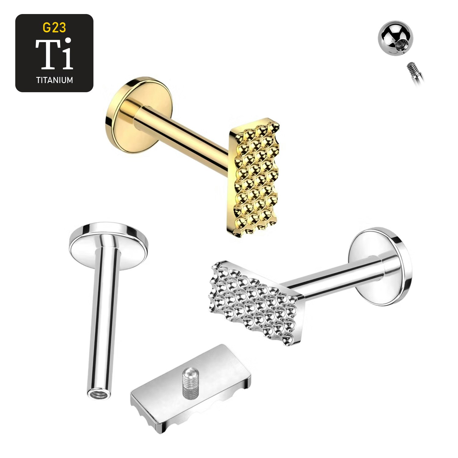 Labret i titanium 1.2mm - Rektangulär topp med gropar