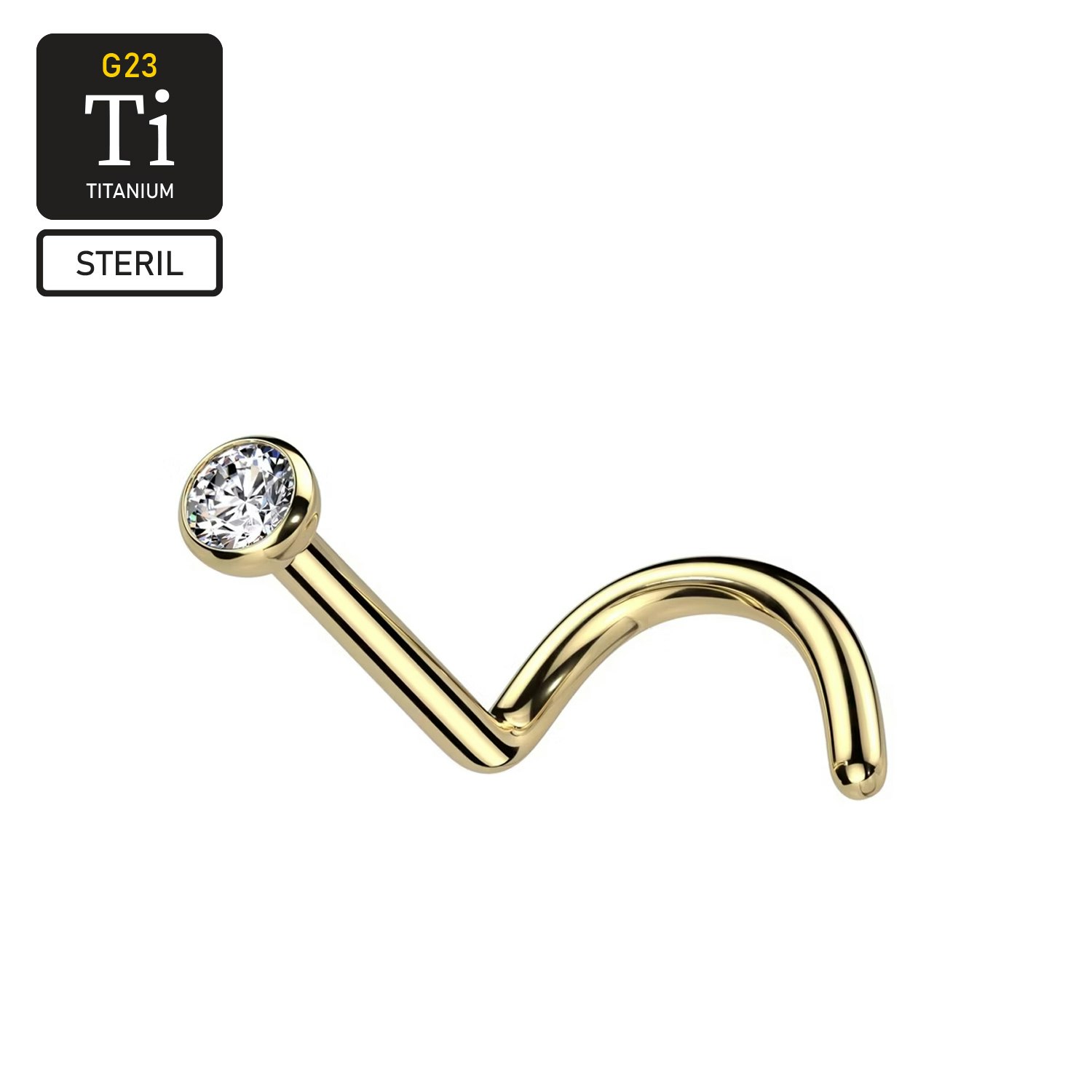 Steril nässmycke / nässkruv i titanium med cubic zirconia (Guld PVD)