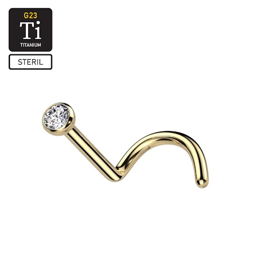 Steril nässmycke / nässkruv i titanium med cubic zirconia (Guld PVD)