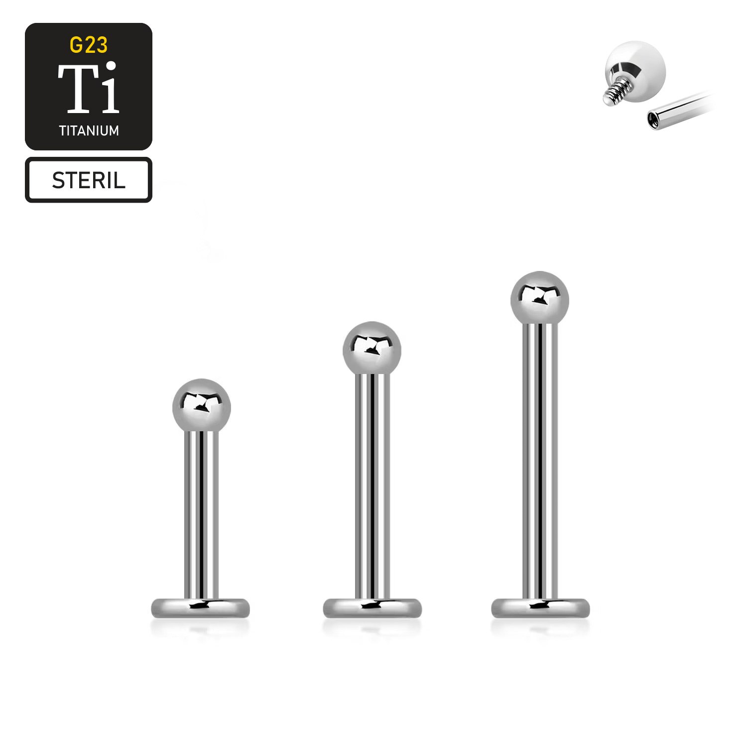 Steril titanium labret invändigt gängad 1.2mm med 2mm kula