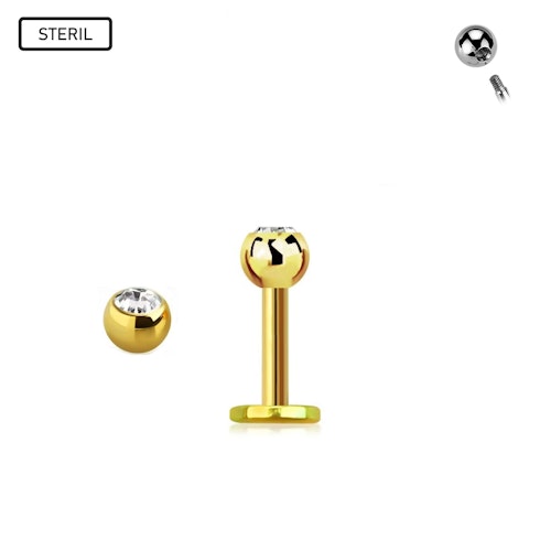 Steril guldeloxerad labret kirurgiskt stål 1.2mm med 3mm crystalkula