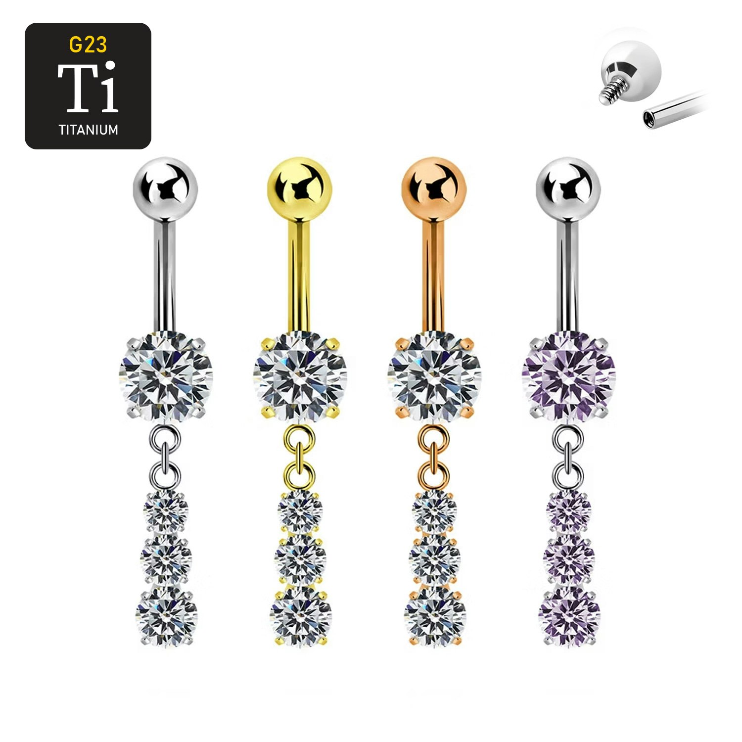 Navelsmycke i titanium - Hänge med trippel cubic zirconia