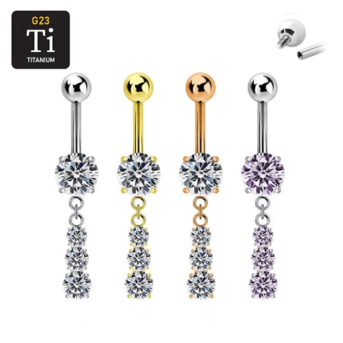 Navelsmycke i titanium - Hänge med trippel cubic zirconia