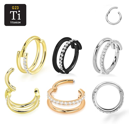 Titanium clicker ring 1.6mm / 12mm dubbel hoop med cubic zirconia på ena ringens ytterkant