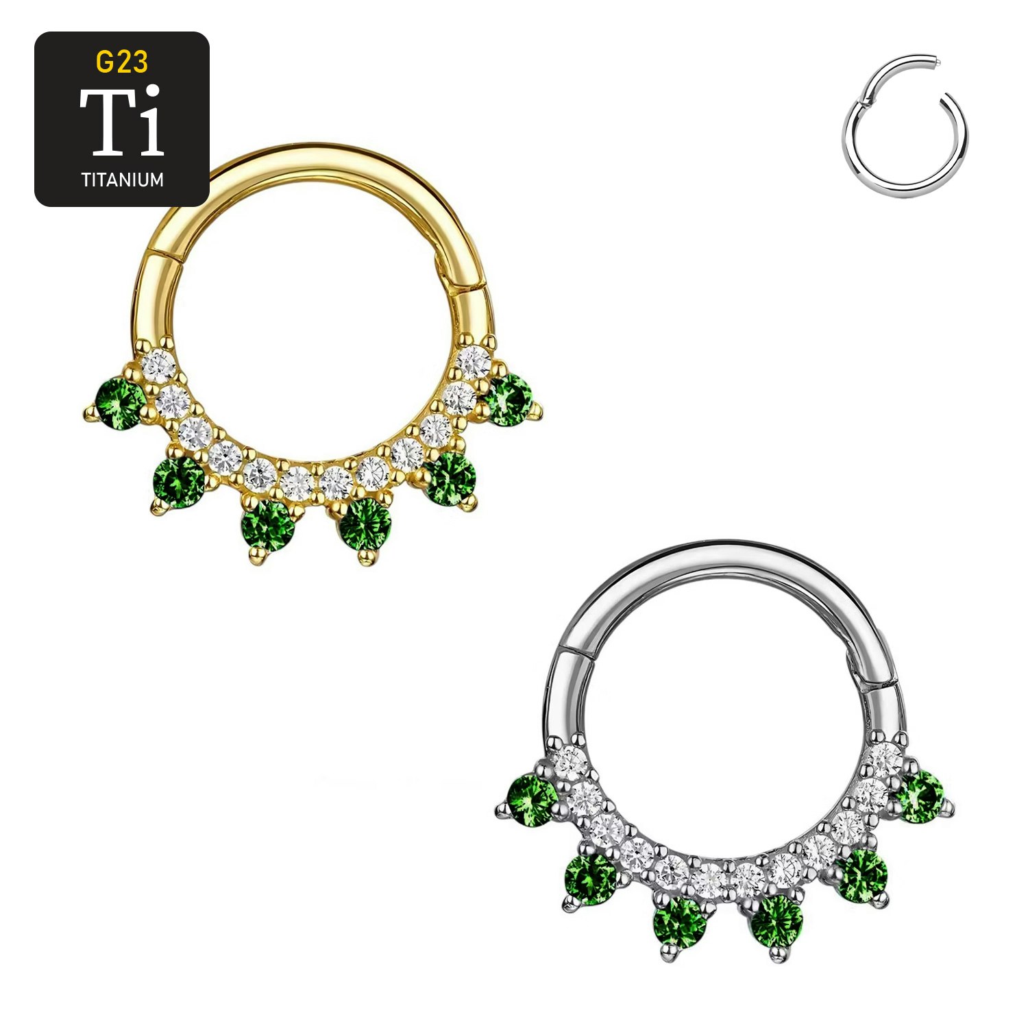 Titanium ring med gångjärn 1.2mm - klar cubic zirconia och emerald