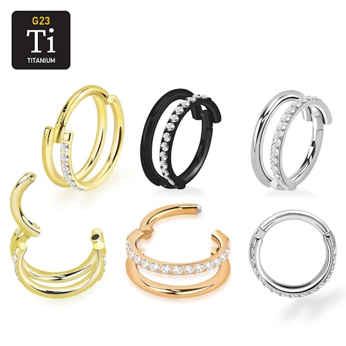 Titanium clicker ring dubbel hoop med cubic zirconia på ena ringens ytterkant