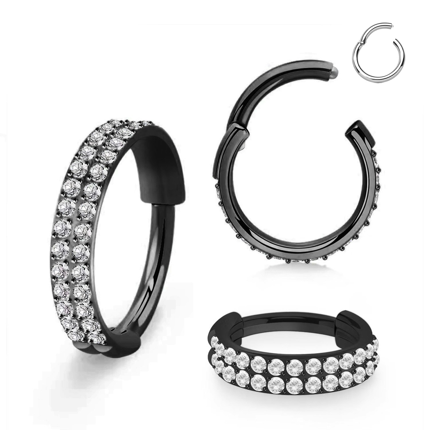 Ring med gångjärn 1.2mm - PVD pläterad 316L kirurgiskt stål dubbla rader CZ