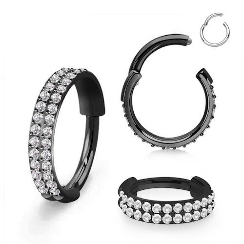 Ring med gångjärn 1.2mm - PVD pläterad 316L kirurgiskt stål dubbla rader CZ