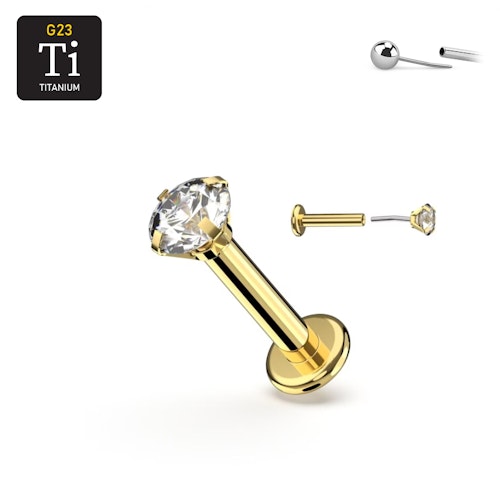Titanium threadless labret 0.8mm PVD guld med klar "prong-set" cubic zirconia topp