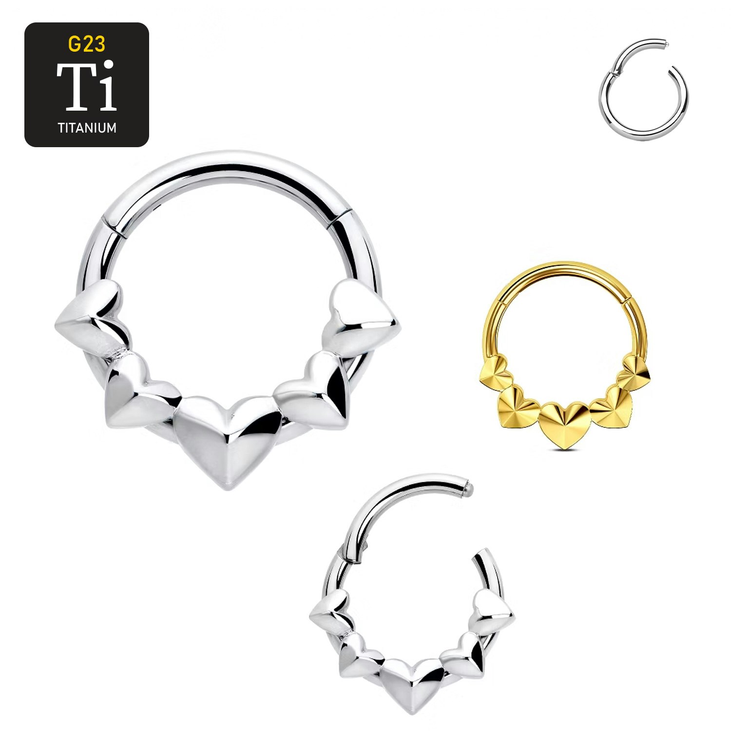 Clicker ring 1.2mm i titanium med hjärtan (8mm)