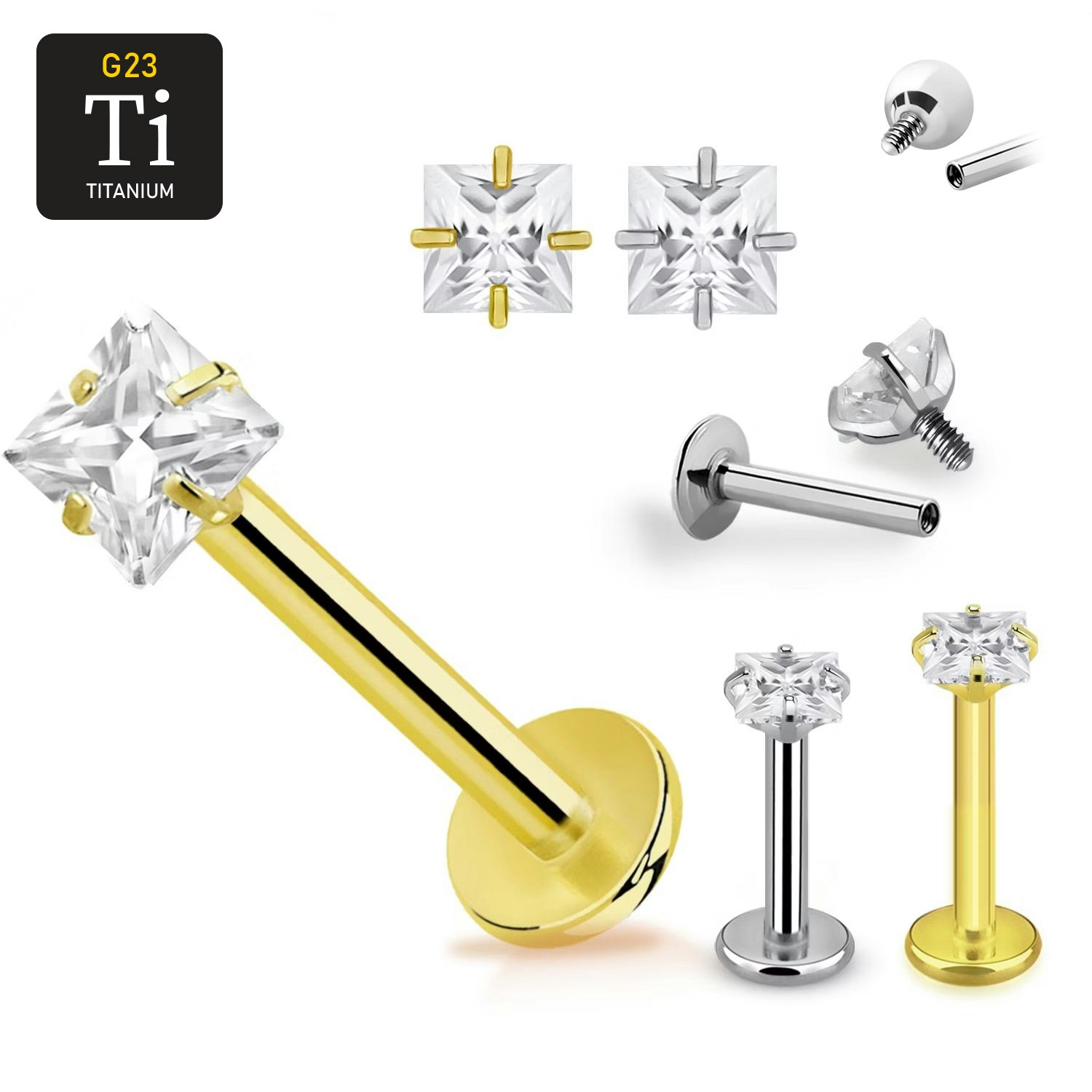 Titanium labret invändigt gängad 1.2mm med 2.5mm fyrkantig CZ