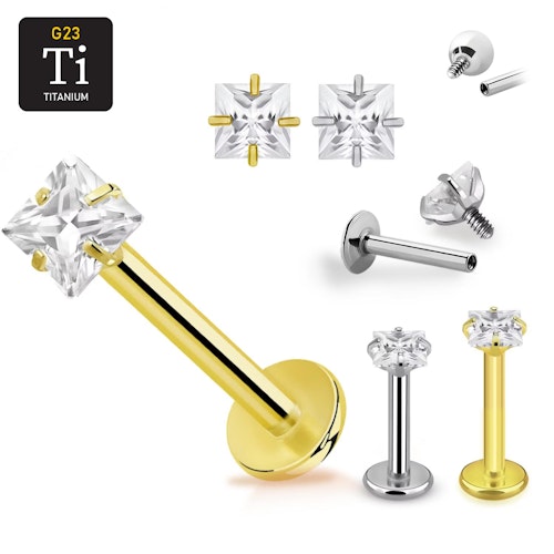 Titanium labret invändigt gängad 1.2mm med 2.5mm fyrkantig CZ