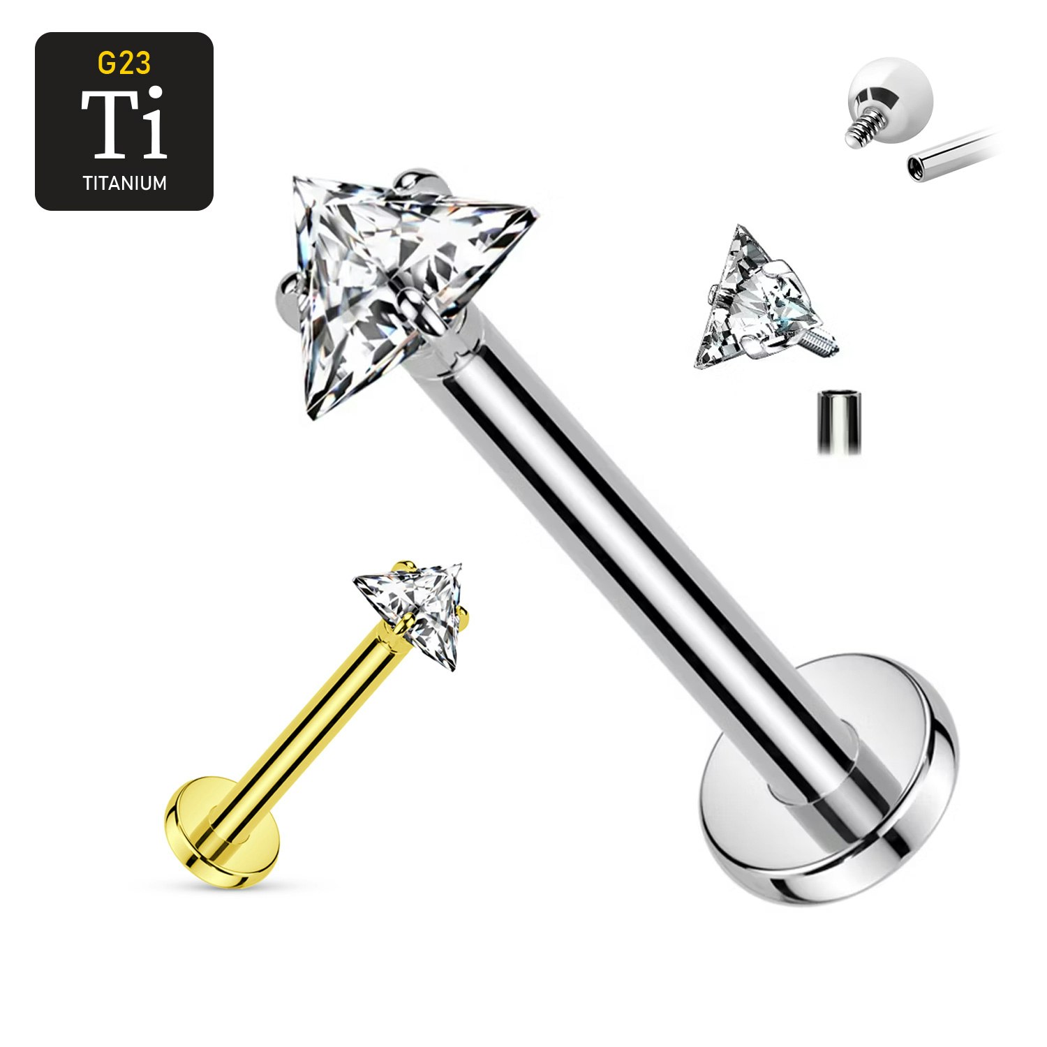 Labret i titanium 1.2mm med triangelformad 3mm CZ topp