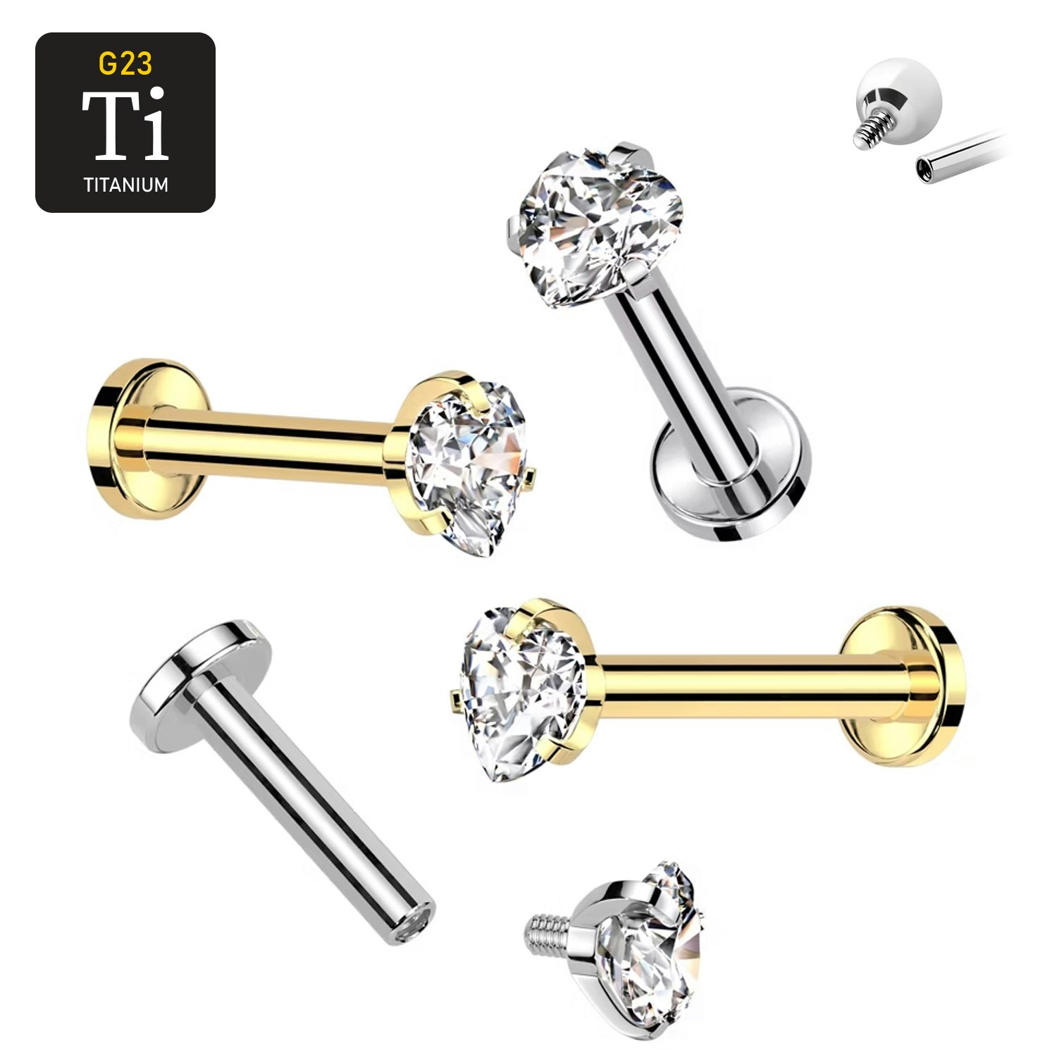 Labret i titanium 1.2mm - Topp med hjärtformad cubic zirconia