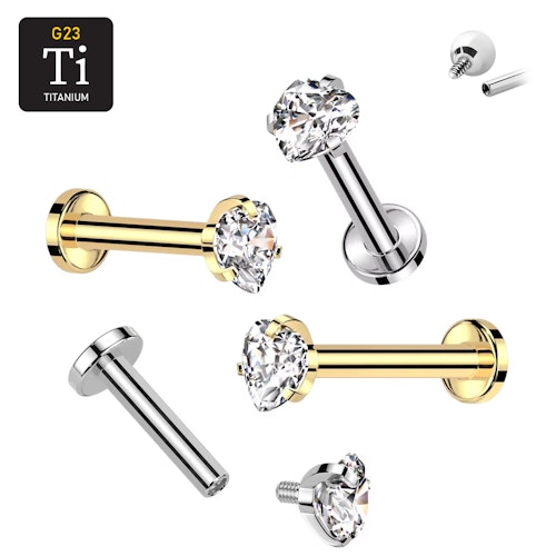 Labret i titanium 1.2mm - Topp med hjärtformad cubic zirconia