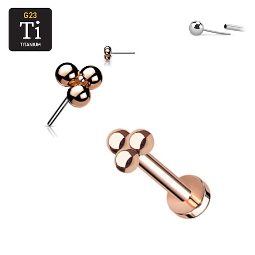 Threadless labret i roséguld PVD-pläterad titanium med litet bollkluster treenighet