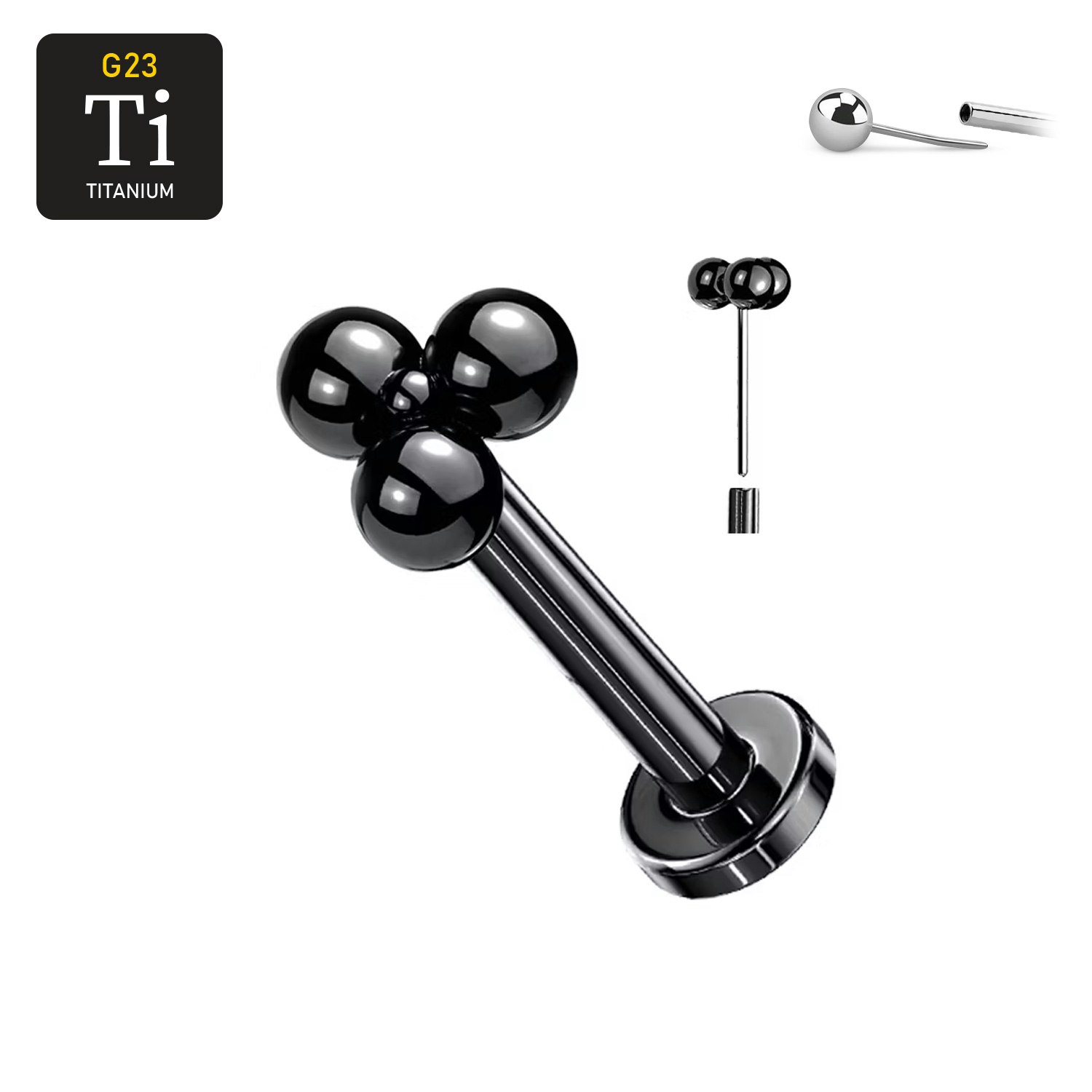 Threadless labret i svart PVD-pläterad titanium med litet bollkluster treenighet
