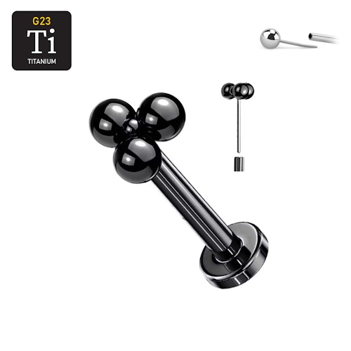 Threadless labret i svart PVD-pläterad titanium med litet bollkluster treenighet