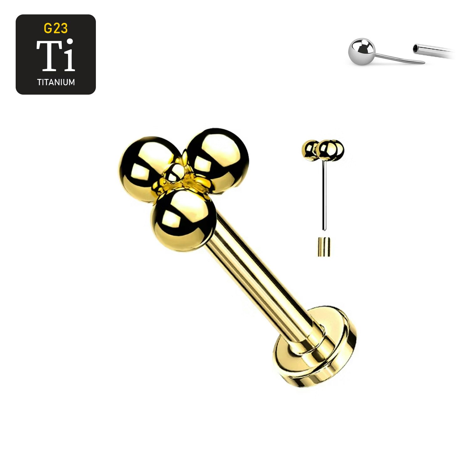 Threadless labret i guld PVD-pläterad titanium med litet bollkluster treenighet