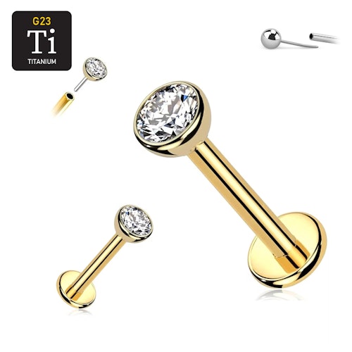 Titanium threadless labret 1.0mm PVD-guldpläterad med klar cubic zirconia topp