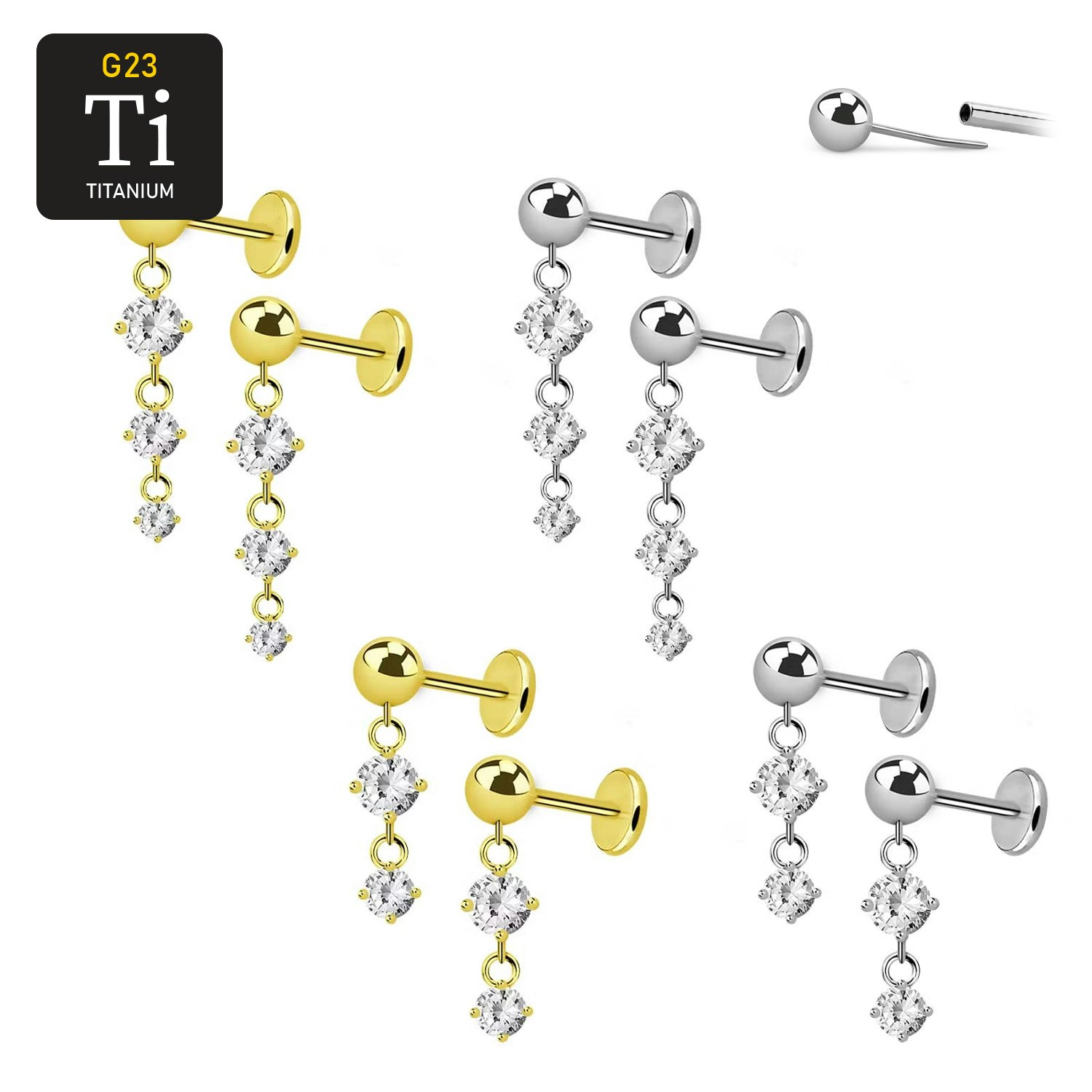 Örhänge i titanium - threadless med 3mm kula och CZ i hänge (par)