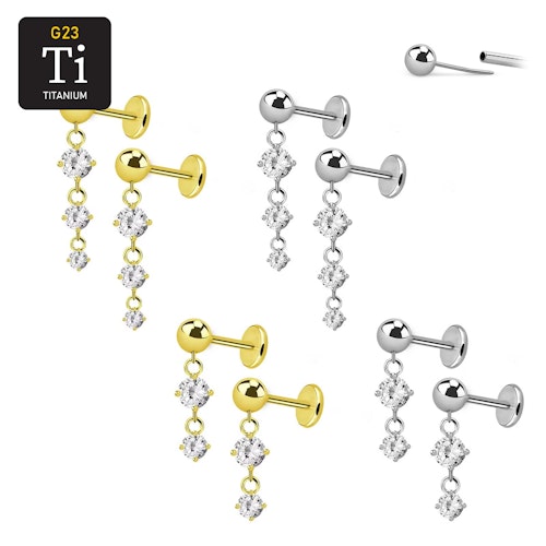 Örhänge i titanium - threadless med 3mm kula och CZ i hänge (par)