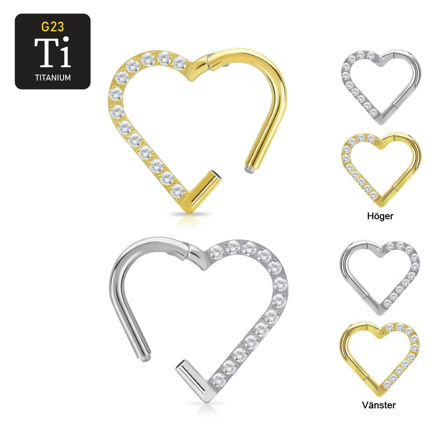 Titanium ring 1.2mm med gångjärn - hjärtformad med frontade cubic zirconia