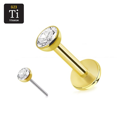 Titanium threadless labret 1.2mm PVD-guldpläterad med klar cubic zirconia topp