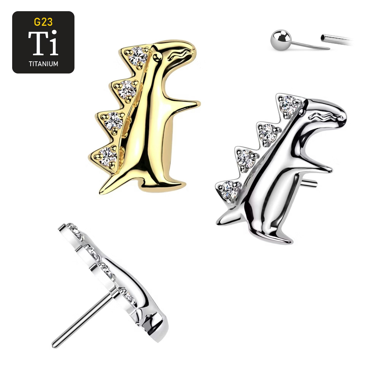 Threadless topp i titanium - Dinosaurie med cubic zirconia