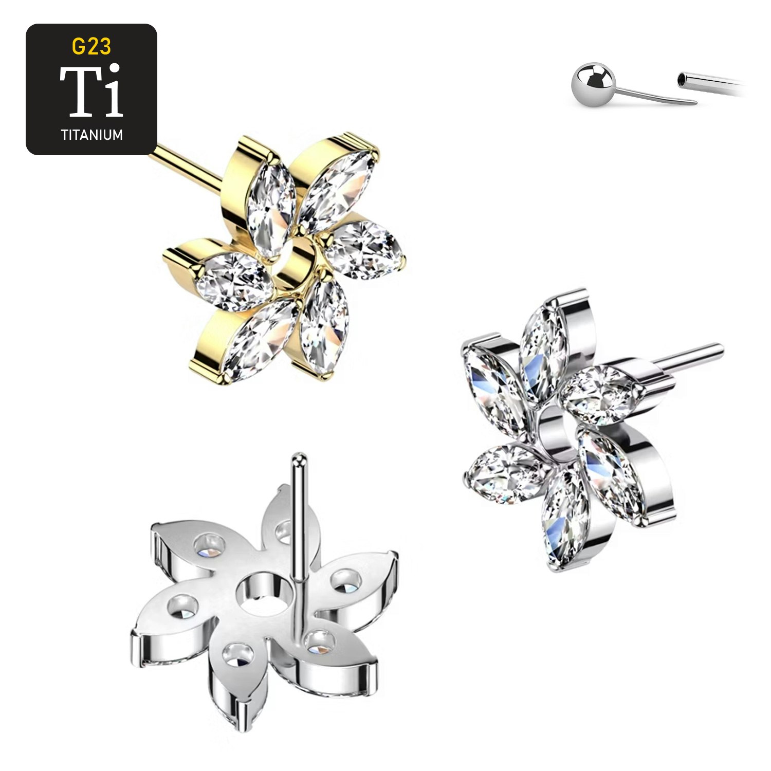 Threadless topp i titanium - Virvel / blomma med 6st navettslipade CZ