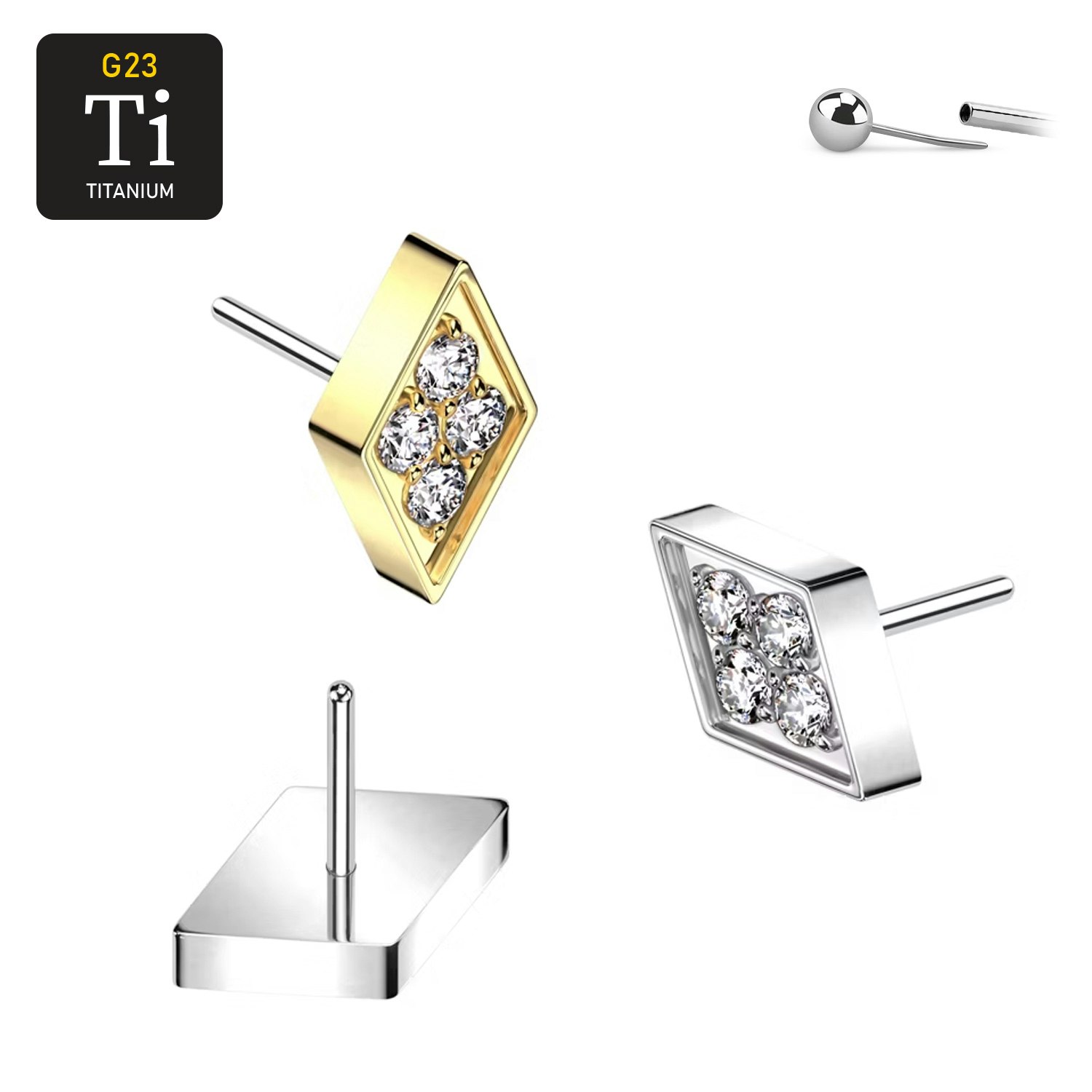 Threadless topp i titanium - Diamantformad topp med 4st CZ