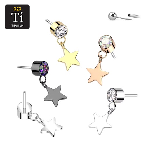 Threadless topp i titanium - Rund CZ med stjärna i hänge