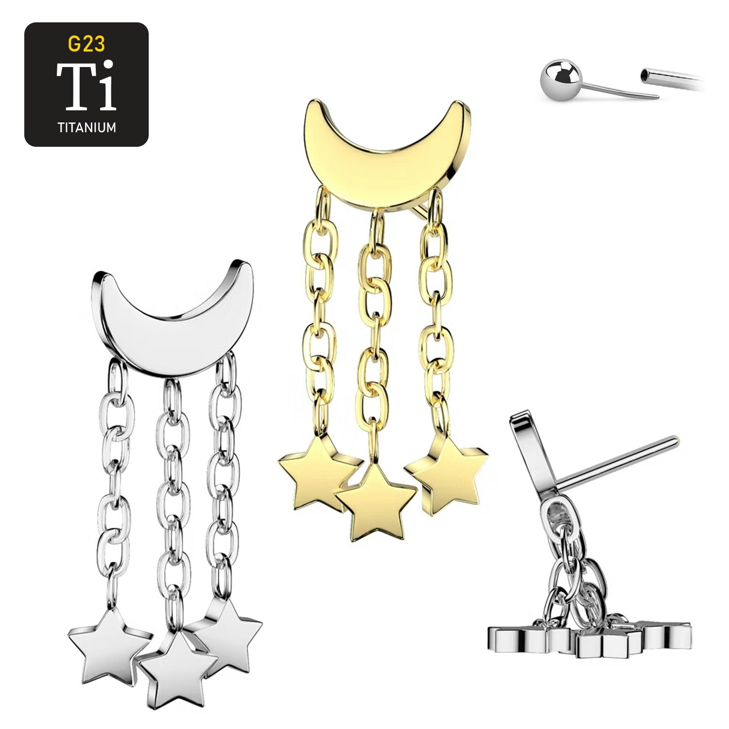 Threadless topp i titanium - Måne med tre hängande stjärnor