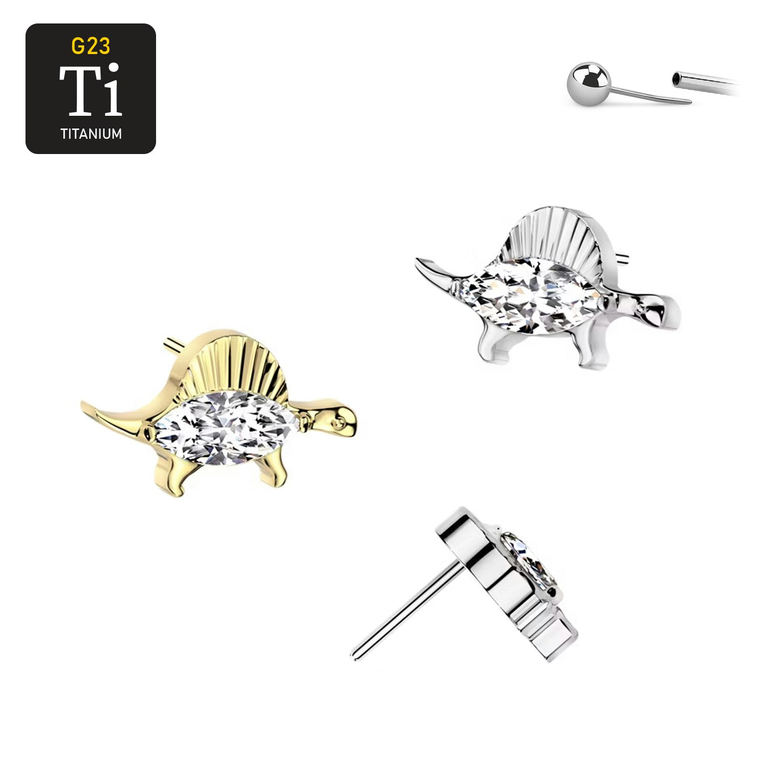 Threadless topp i titanium - Dinosaurie med CZ