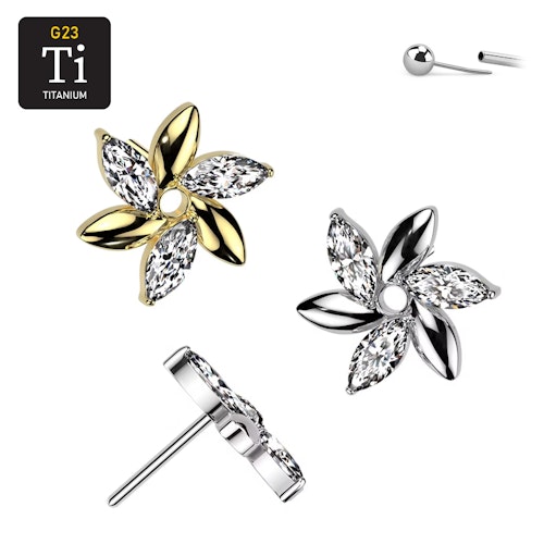 Threadless topp i titanium - Virvel / blomma med 3st navettslipade CZ
