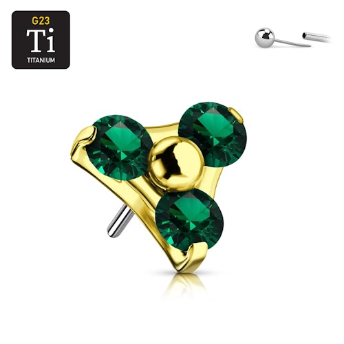 Threadless topp i PVD-guldpläterad titanium - Treenighet med emerald CZ