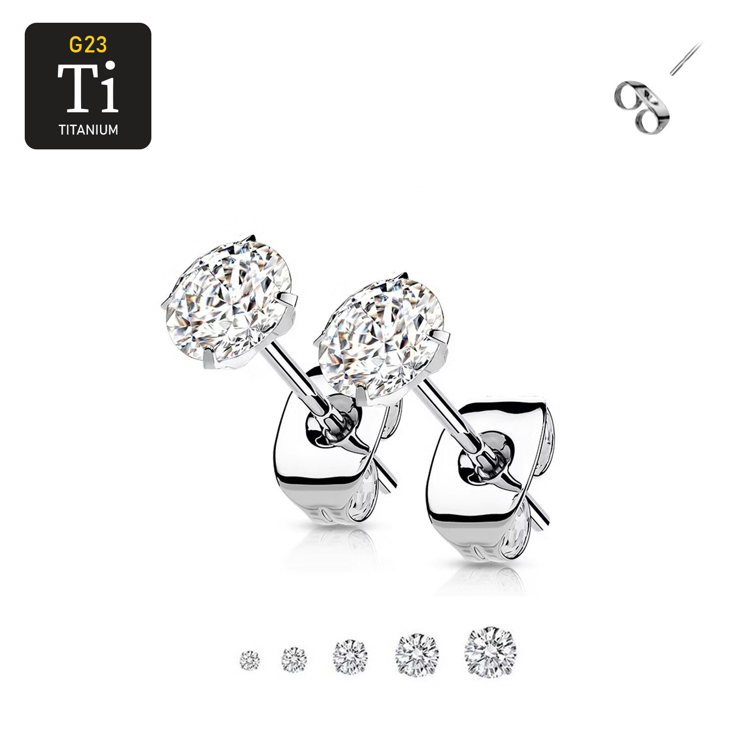 Titanium ASTM-F136 Örhängen med rund prong-set cubic zirconia (par)