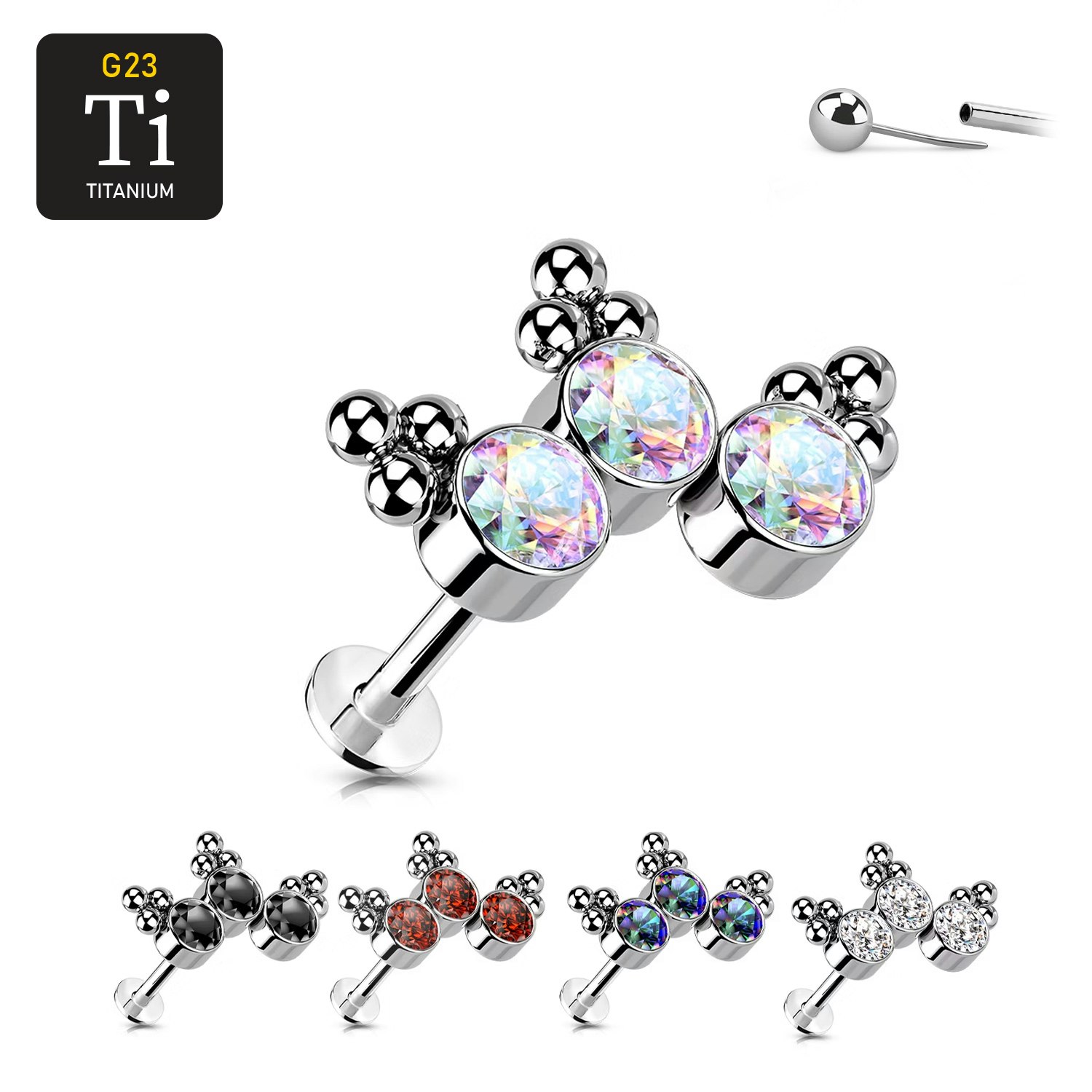 Threadless labret i titanium 1.2mm - Topp med 3st CZ och kluster