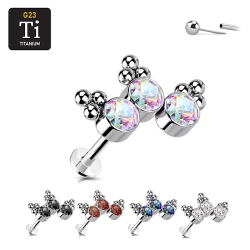 Threadless labret i titanium 1.2mm - Topp med 3st CZ och kluster