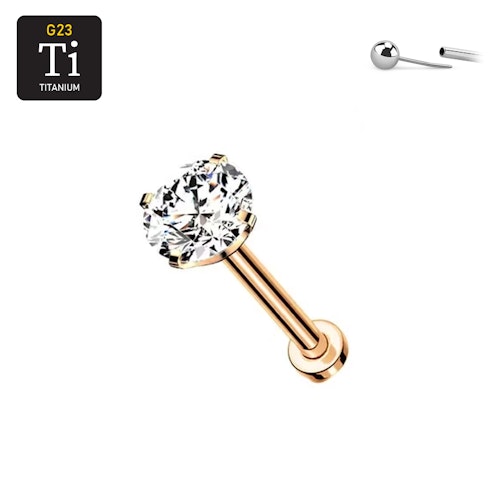 Threadless labret i Roséguld PVD-pläterad titanium med prong-set klar CZ
