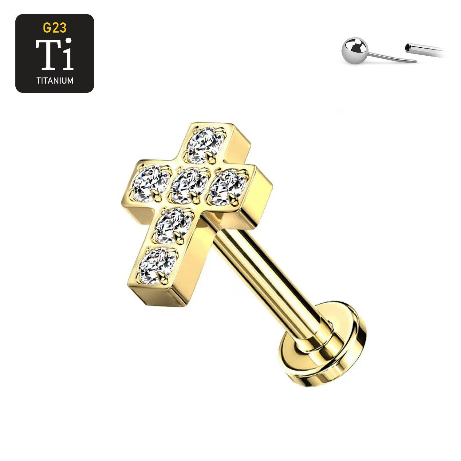 Threadless labret 1.2mm i guld PVD-pläterad titanium med CZ kors
